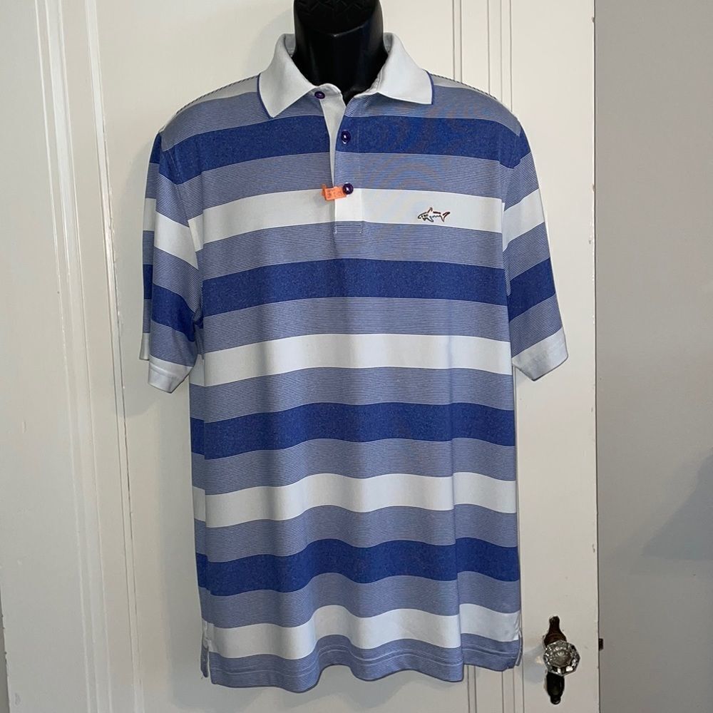 Macy’s brand white‎ & blue striped polo shirt